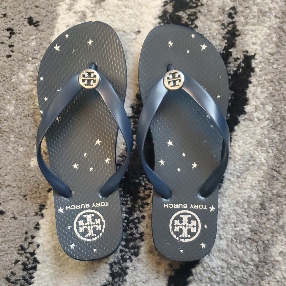 Tory Burch Navy Flip Flops with Star Pattern